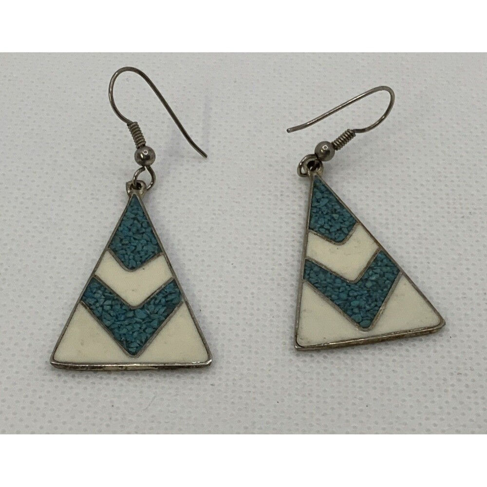 Vintage Alpaca Silver Mexican White Enamel & Torqouis  Inlay Earrings Plus Extra